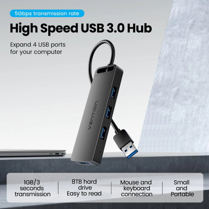 HUB 4 PUERTOS USB 3.0 4xUSB 1xUSB-C PD NEGRO VENTION